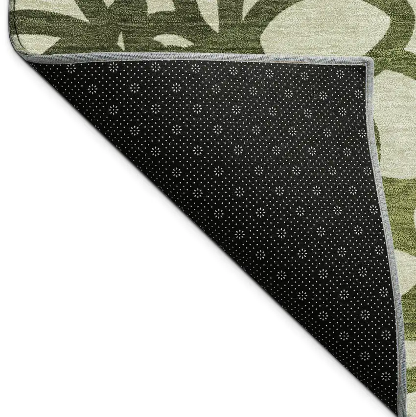 8' Artichoke Green Black And Ivory Round Botanical Leaves Washable Indoor Outdoor Area Rug Photo 7