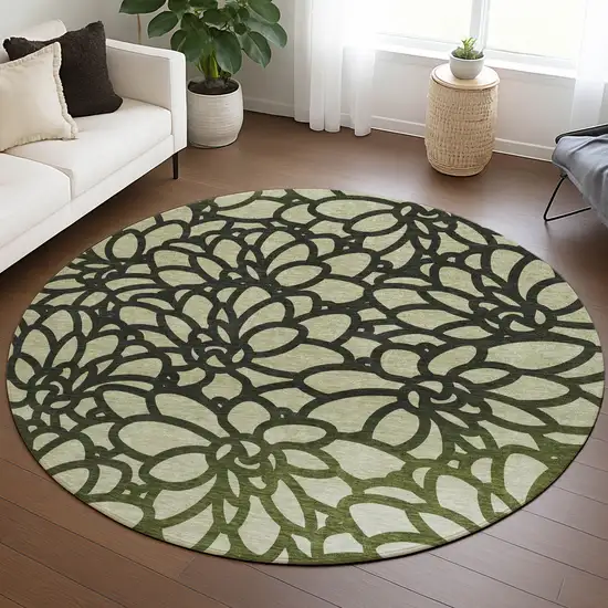 8' Artichoke Green Black And Ivory Round Botanical Leaves Washable Indoor Outdoor Area Rug Photo 5