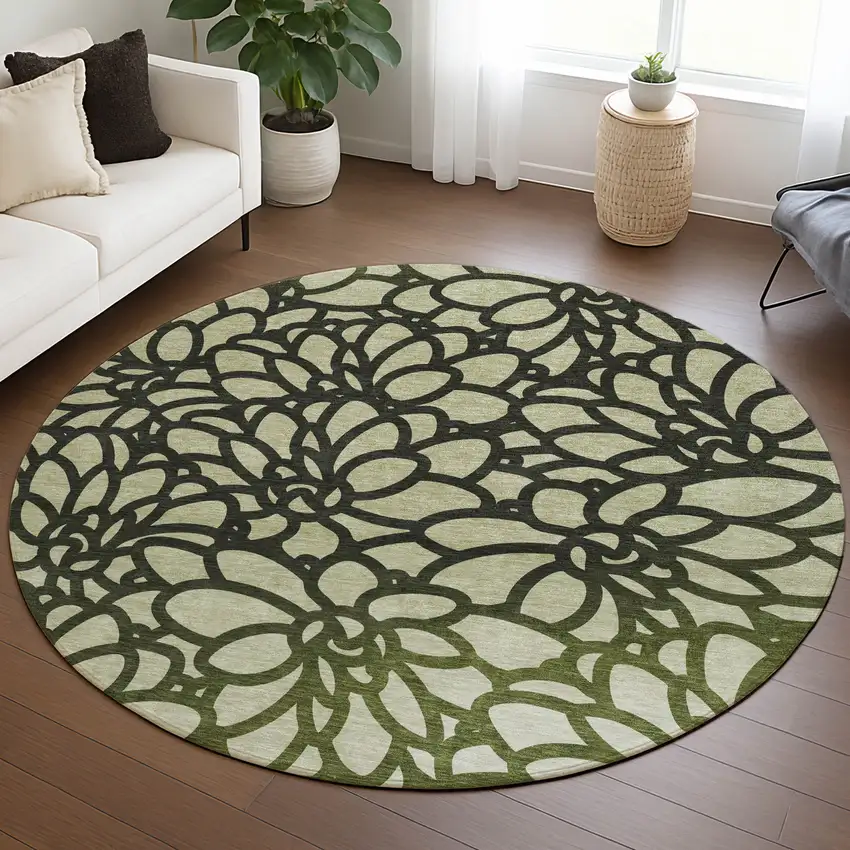 8' Artichoke Green Black And Ivory Round Botanical Leaves Washable Indoor Outdoor Area Rug Photo 5
