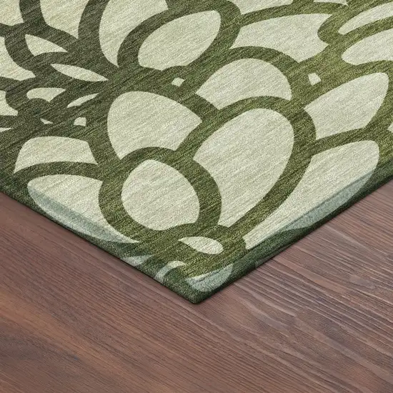 8' Artichoke Green Black And Ivory Round Botanical Leaves Washable Indoor Outdoor Area Rug Photo 8