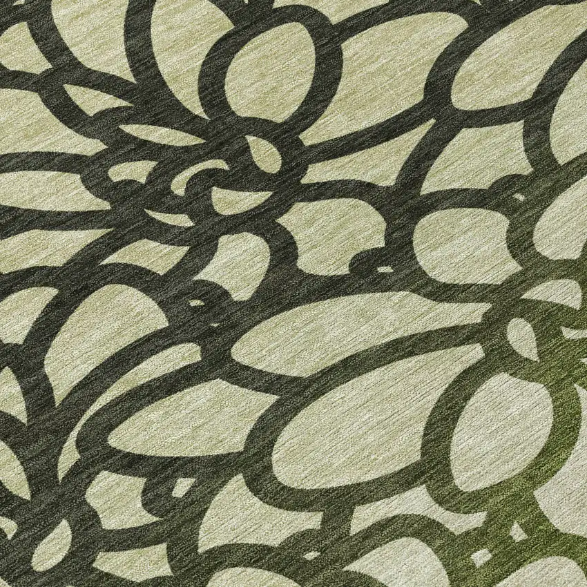 8' Artichoke Green Black And Ivory Round Botanical Leaves Washable Indoor Outdoor Area Rug Photo 9