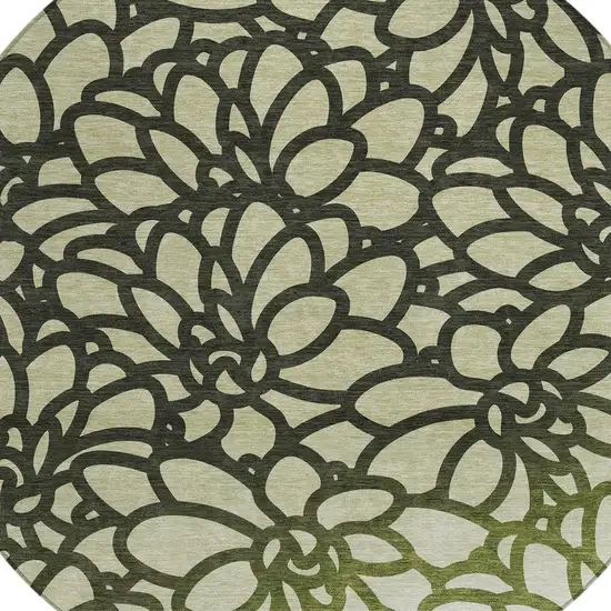8' Artichoke Green Black And Ivory Round Botanical Leaves Washable Indoor Outdoor Area Rug Photo 2