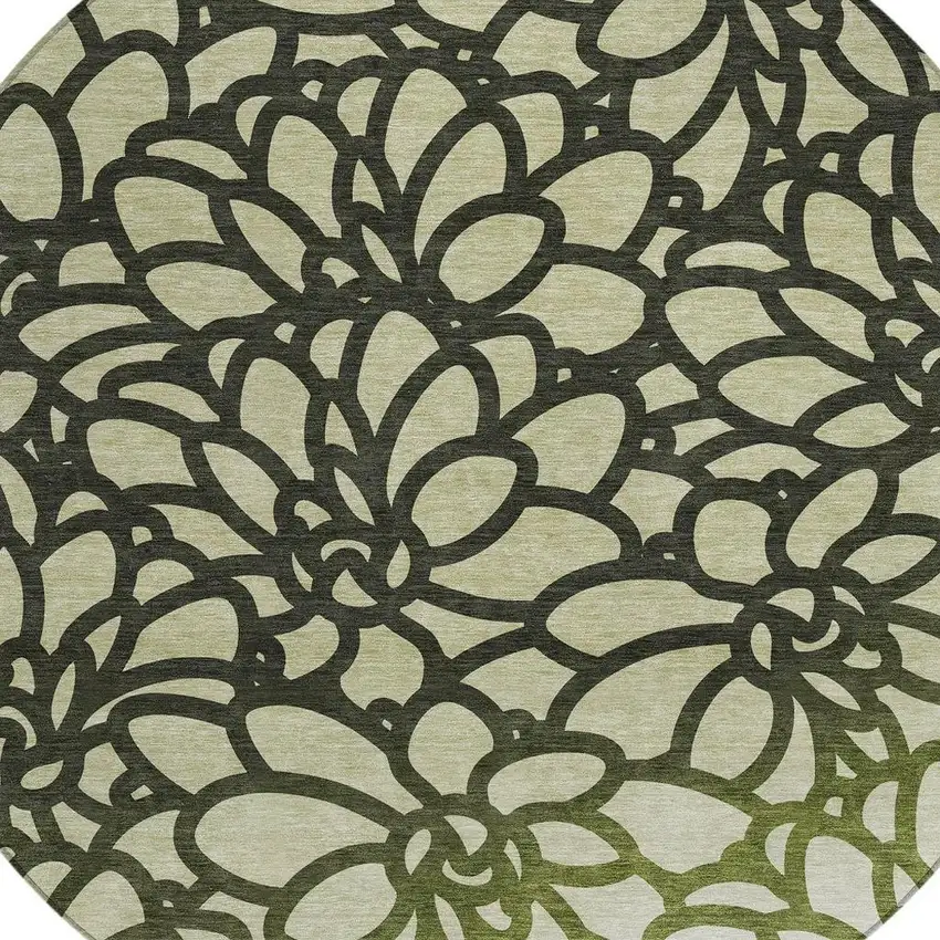 8' Artichoke Green Black And Ivory Round Botanical Leaves Washable Indoor Outdoor Area Rug Photo 2