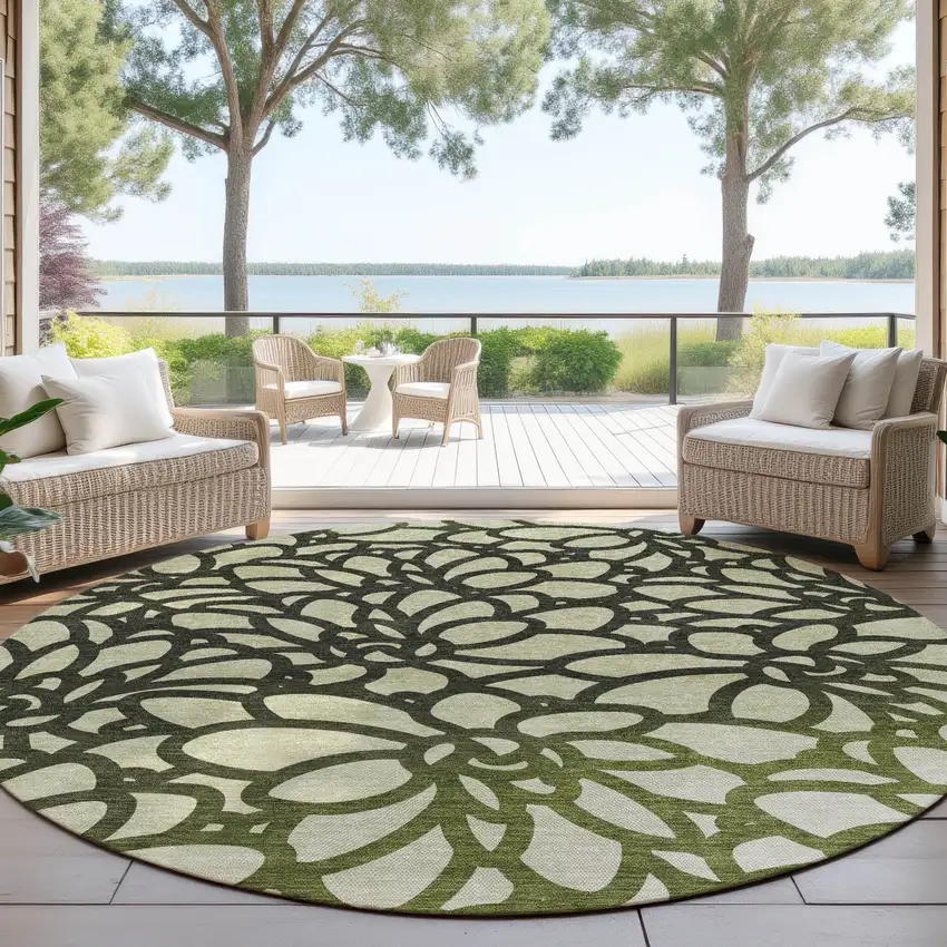 8' Artichoke Green Black And Ivory Round Botanical Leaves Washable Indoor Outdoor Area Rug Photo 4