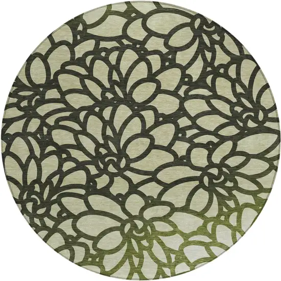 8' Artichoke Green Black And Ivory Round Botanical Leaves Washable Indoor Outdoor Area Rug Photo 1
