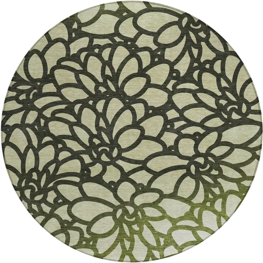 8' Artichoke Green Black And Ivory Round Botanical Leaves Washable Indoor Outdoor Area Rug Photo 1