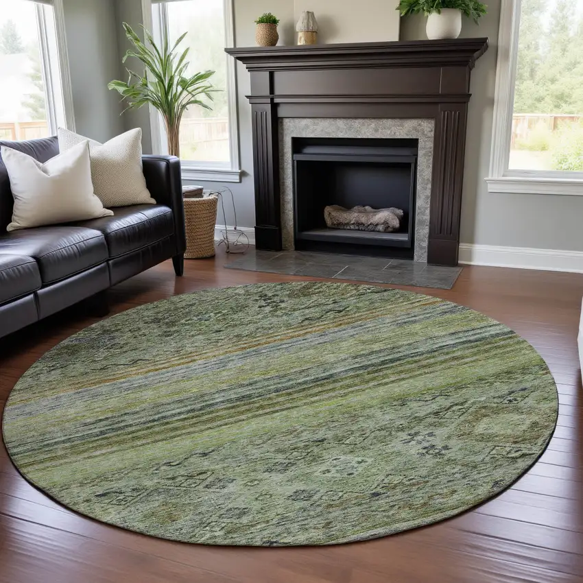8' Artichoke Green Blue And Beige Abstract Geometric Washable Round Rug With UV Protection Photo 4