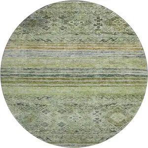 Photo of 8' Artichoke Green Blue And Beige Abstract Geometric Washable Round Rug With UV Protection