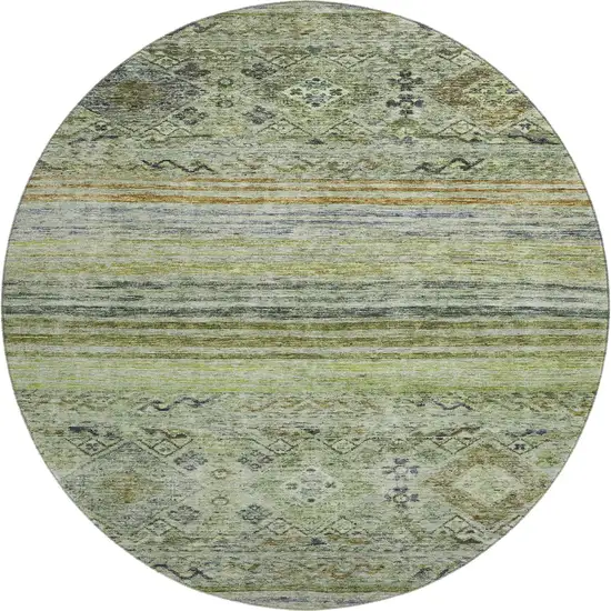 8' Artichoke Green Blue And Beige Abstract Geometric Washable Round Rug With UV Protection Photo 1