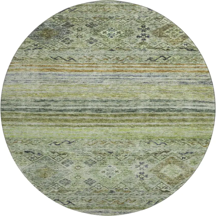 8' Artichoke Green Blue And Beige Abstract Geometric Washable Round Rug With UV Protection Photo 1