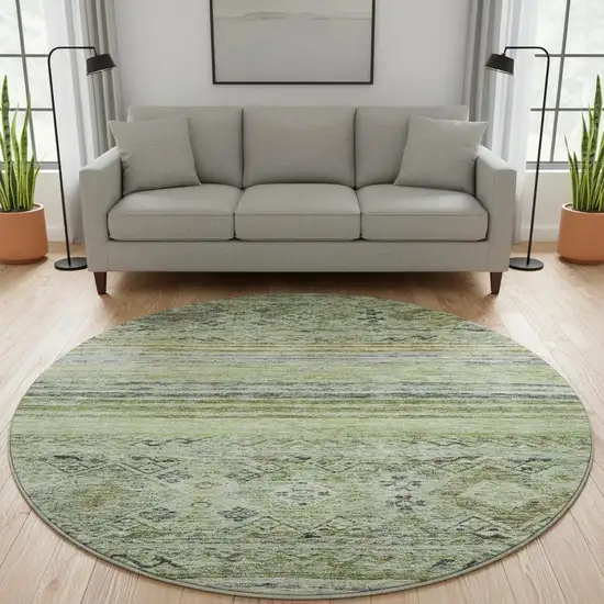 8' Artichoke Green Blue And Beige Abstract Geometric Washable Round Rug With UV Protection Photo 2