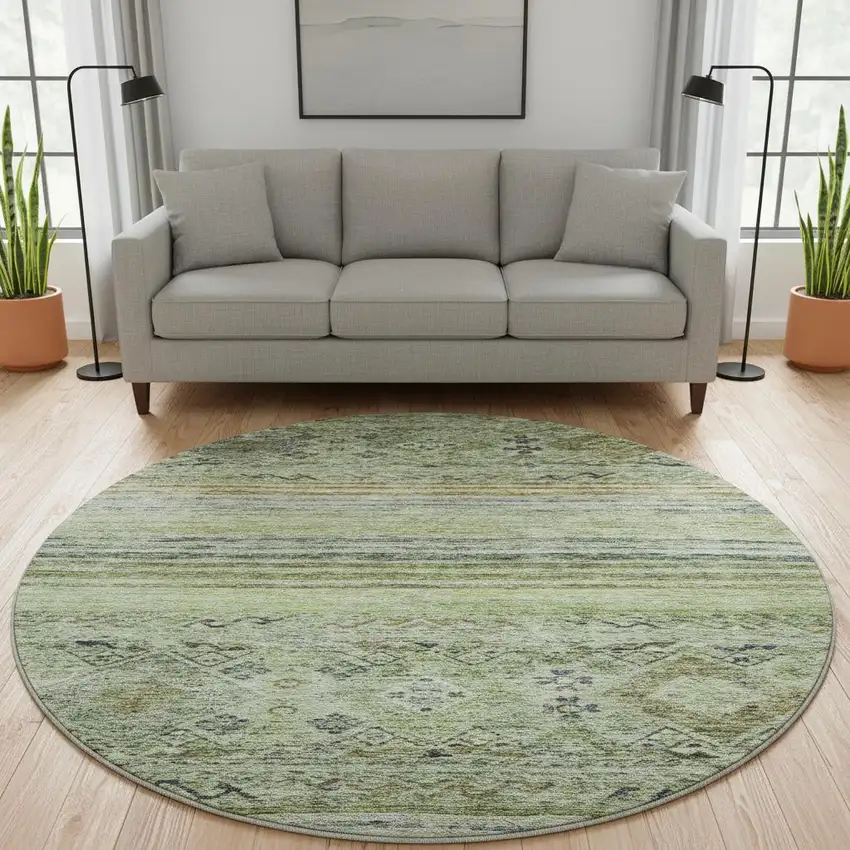 8' Artichoke Green Blue And Beige Abstract Geometric Washable Round Rug With UV Protection Photo 2