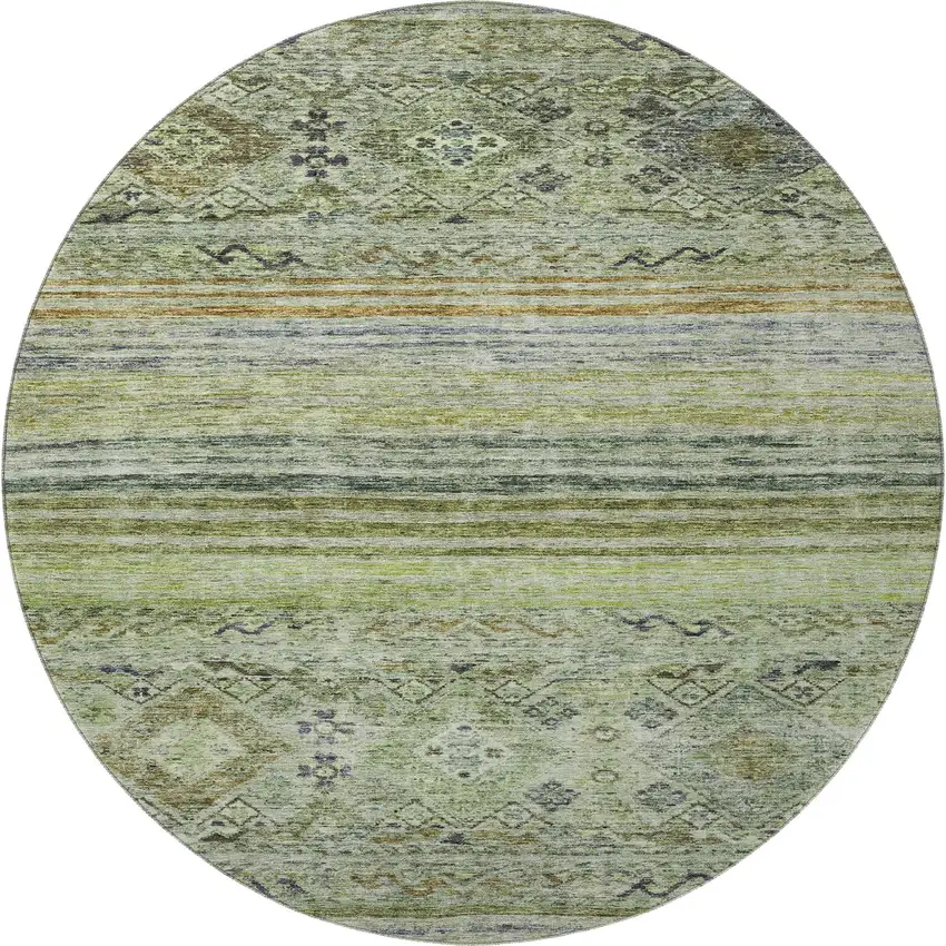8' Artichoke Green Blue And Beige Abstract Geometric Washable Round Rug With UV Protection Photo 3