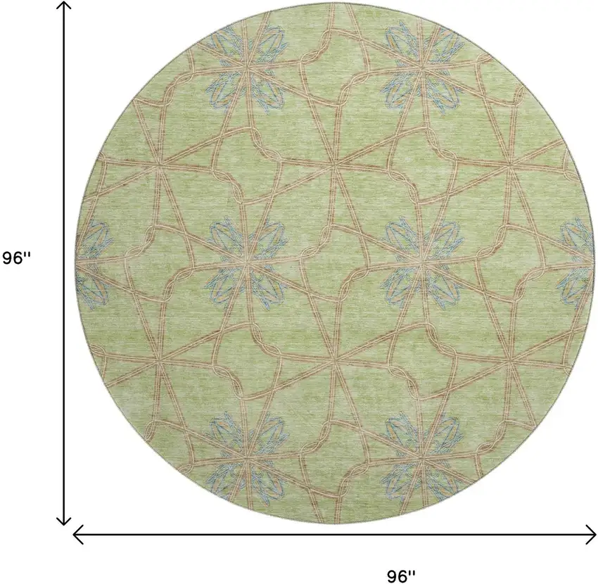 8' Artichoke Green Blue And Beige Geometric Washable Round Rug With UV Protection Photo 9