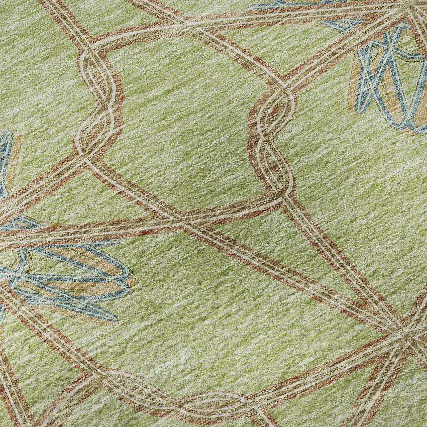 8' Artichoke Green Blue And Beige Geometric Washable Round Rug With UV Protection Photo 8