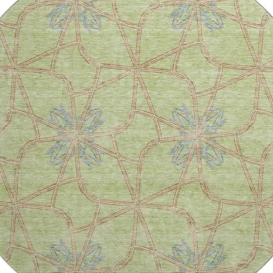 8' Artichoke Green Blue And Beige Geometric Washable Round Rug With UV Protection Photo 2