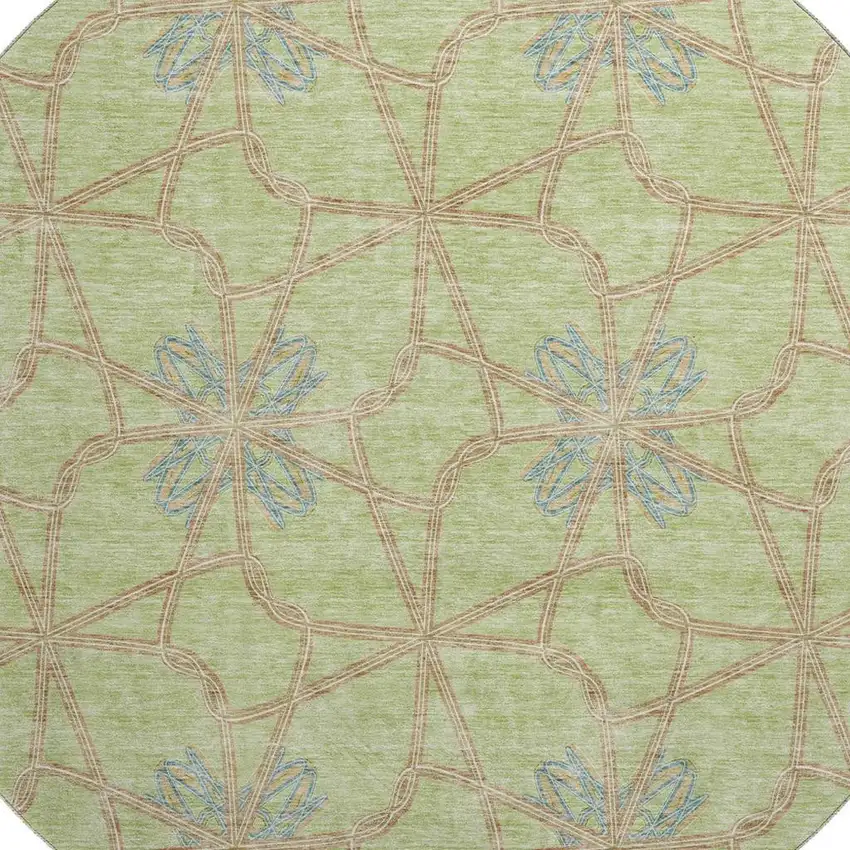 8' Artichoke Green Blue And Beige Geometric Washable Round Rug With UV Protection Photo 2