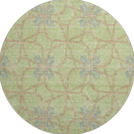 8' Artichoke Green Blue And Beige Geometric Washable Round Rug With UV Protection Photo 3