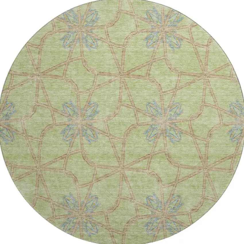 8' Artichoke Green Blue And Beige Geometric Washable Round Rug With UV Protection Photo 3