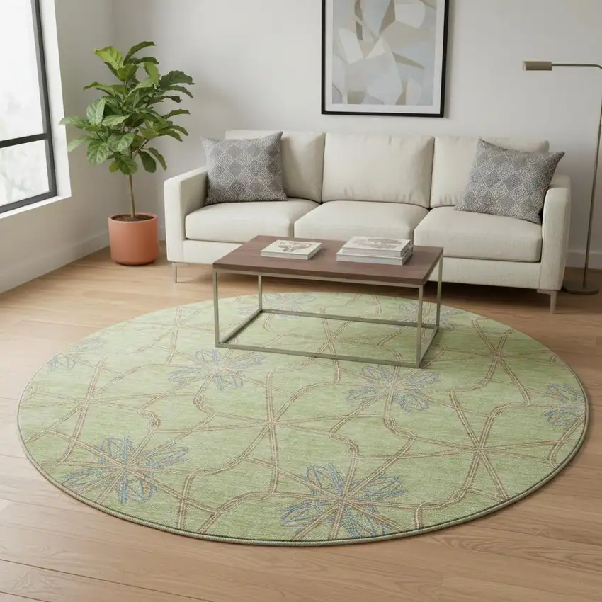 8' Artichoke Green Blue And Beige Geometric Washable Round Rug With UV Protection Photo 2