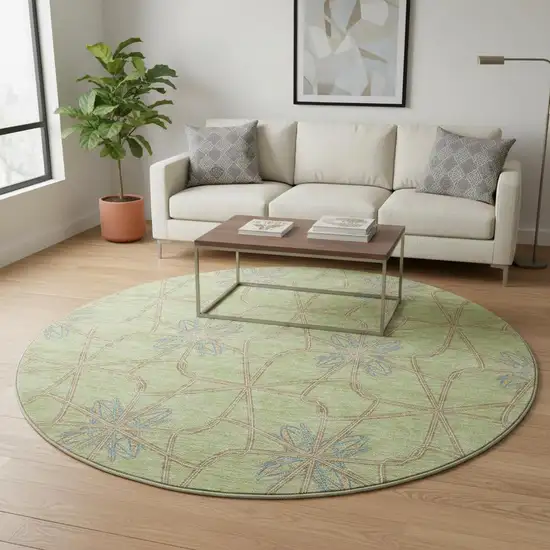 8' Artichoke Green Blue And Beige Geometric Washable Round Rug With UV Protection Photo 2