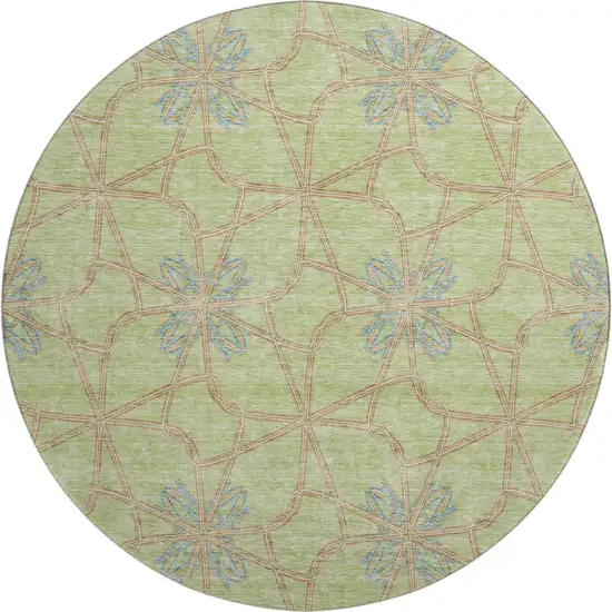 8' Artichoke Green Blue And Beige Geometric Washable Round Rug With UV Protection Photo 1