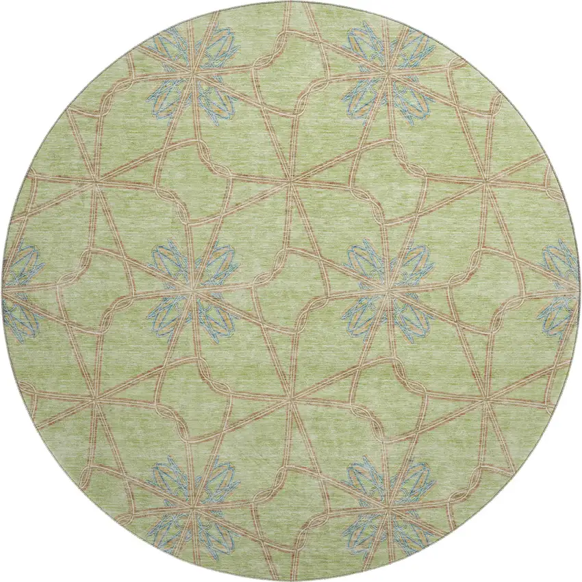 8' Artichoke Green Blue And Beige Geometric Washable Round Rug With UV Protection Photo 1