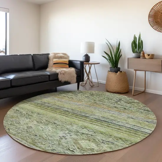 8' Artichoke Green Blue And Black Round Floral Washable Indoor Outdoor Area Rug Photo 7