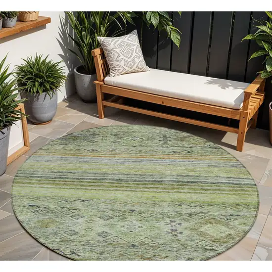 8' Artichoke Green Blue And Black Round Floral Washable Indoor Outdoor Area Rug Photo 1