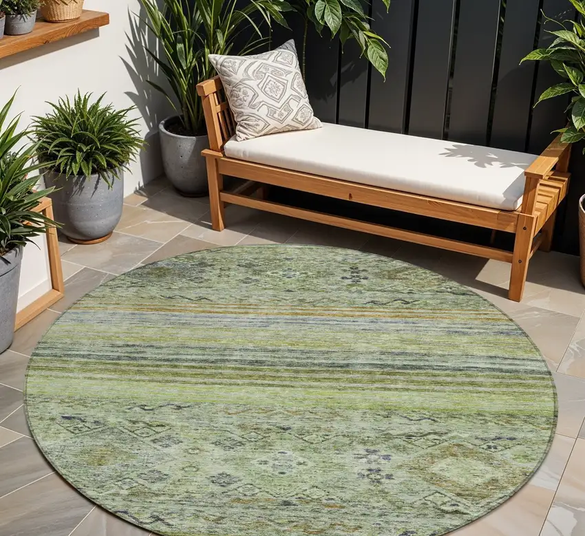 8' Artichoke Green Blue And Black Round Floral Washable Indoor Outdoor Area Rug Photo 1