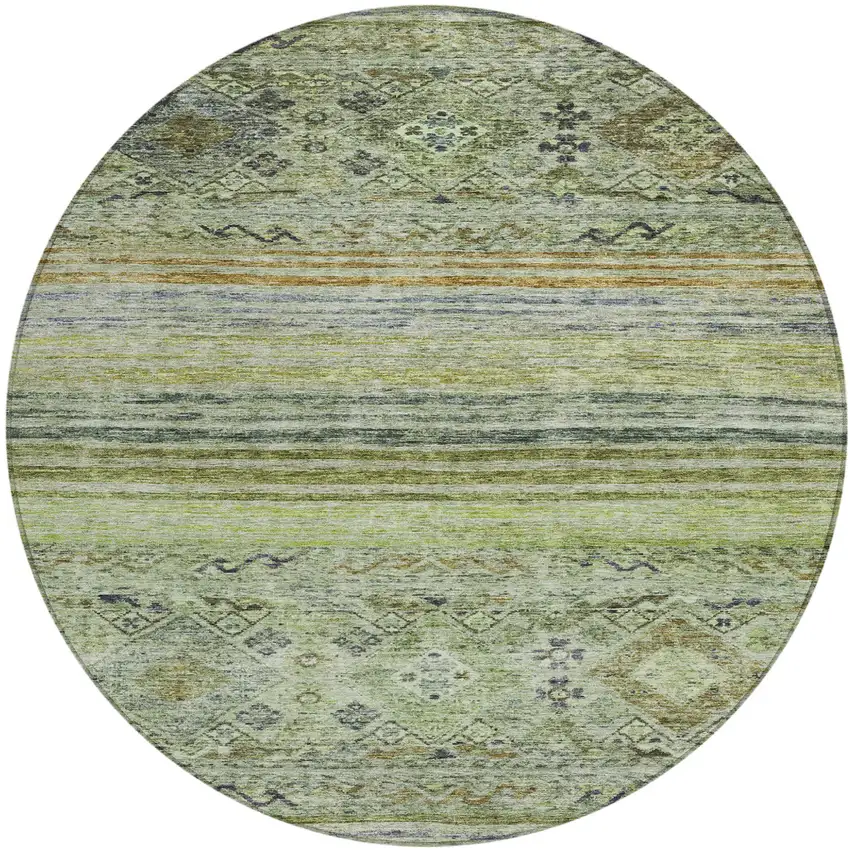 8' Artichoke Green Blue And Black Round Floral Washable Indoor Outdoor Area Rug Photo 2