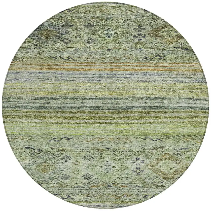 8' Artichoke Green Blue And Black Round Floral Washable Indoor Outdoor Area Rug Photo 5