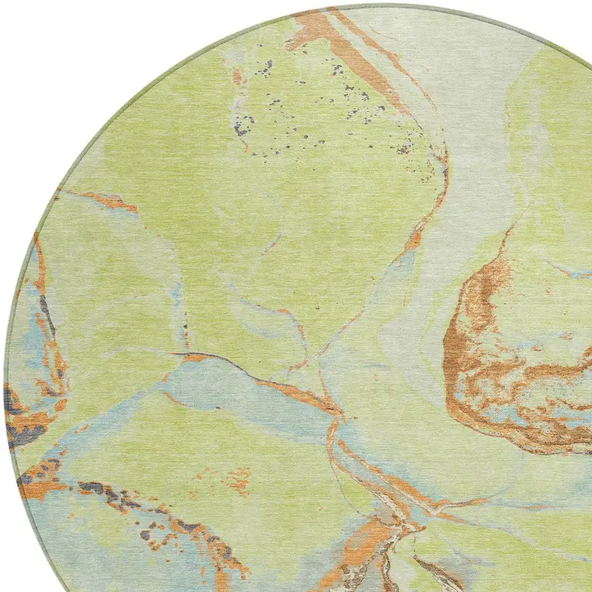 8' Artichoke Green Blue And Brown Round Abstract Washable Indoor Outdoor Area Rug Photo 4