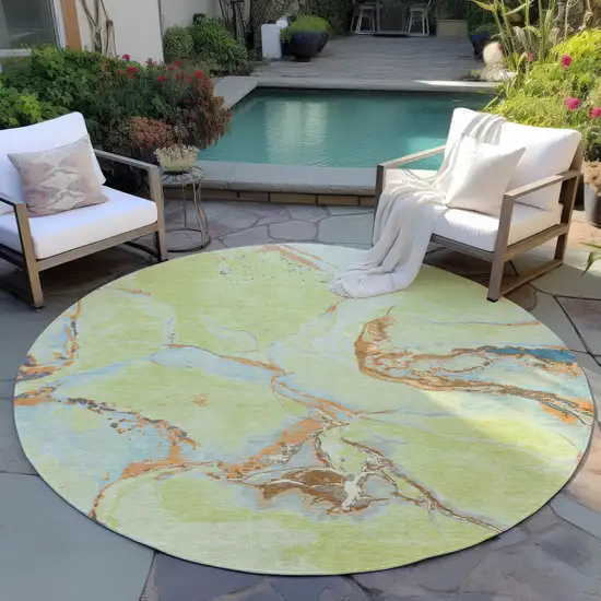 8' Artichoke Green Blue And Brown Round Abstract Washable Indoor Outdoor Area Rug Photo 7