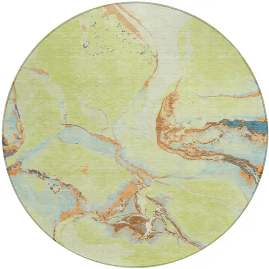 8' Artichoke Green Blue And Brown Round Abstract Washable Indoor Outdoor Area Rug Photo 2