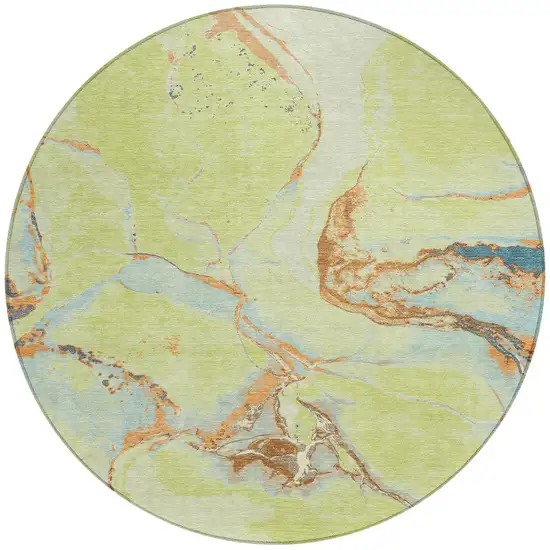 8' Artichoke Green Blue And Brown Round Abstract Washable Indoor Outdoor Area Rug Photo 6