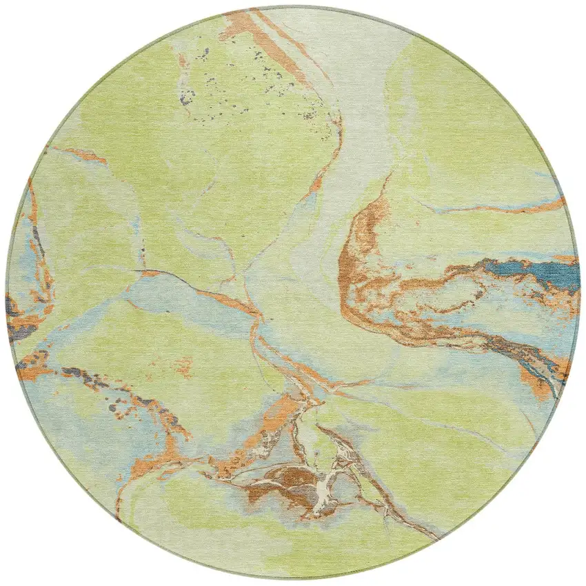 8' Artichoke Green Blue And Brown Round Abstract Washable Indoor Outdoor Area Rug Photo 6