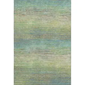 Photo of 8' Artichoke Green Blue And Copper Striped Washable Area Rug With UV Protection