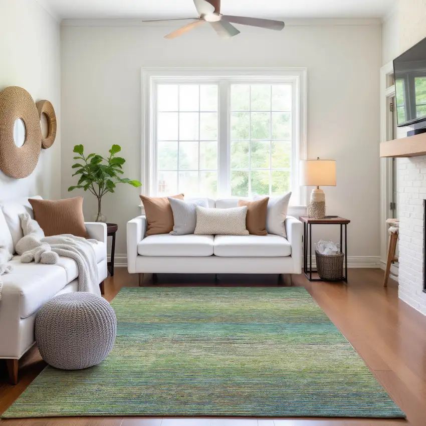 8' Artichoke Green Blue And Copper Striped Washable Area Rug With UV Protection Photo 5