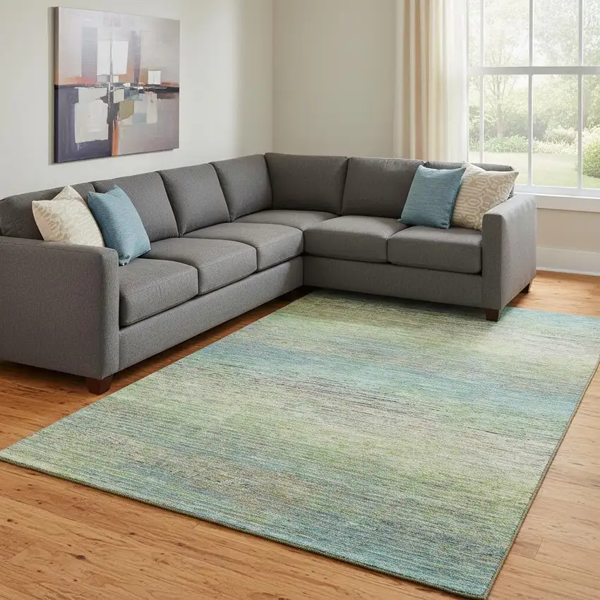 8' Artichoke Green Blue And Copper Striped Washable Area Rug With UV Protection Photo 2