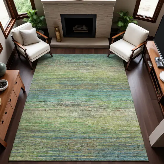 8' Artichoke Green Blue And Copper Striped Washable Area Rug With UV Protection Photo 4