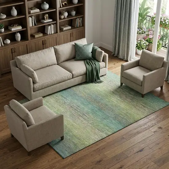 8' Artichoke Green Blue And Copper Striped Washable Area Rug With UV Protection Photo 1
