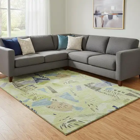 8' Artichoke Green Blue And Green Geometric Washable Area Rug With UV Protection Photo 2