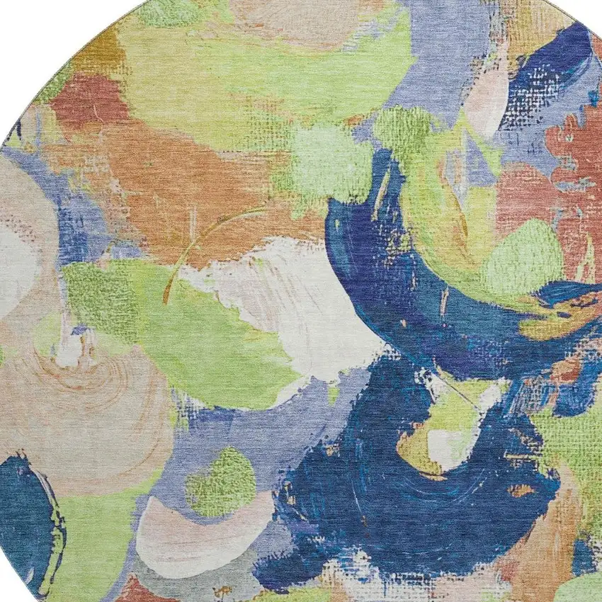 8' Artichoke Green Blue And Ivory Abstract Washable Round Rug With UV Protection Photo 3