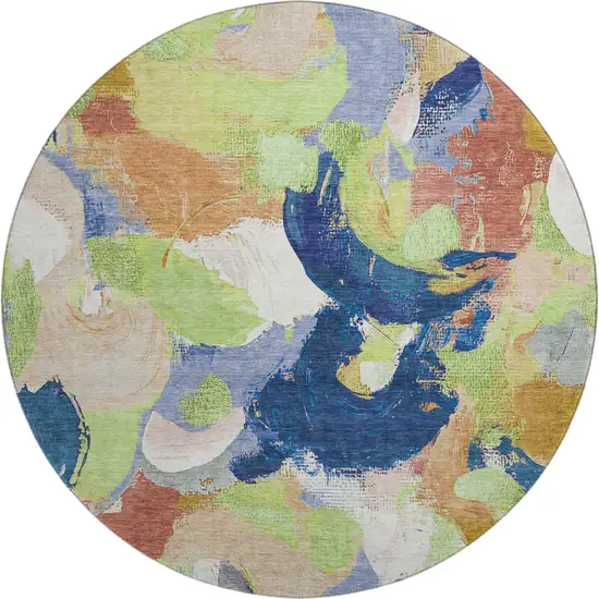 8' Artichoke Green Blue And Ivory Abstract Washable Round Rug With UV Protection Photo 1