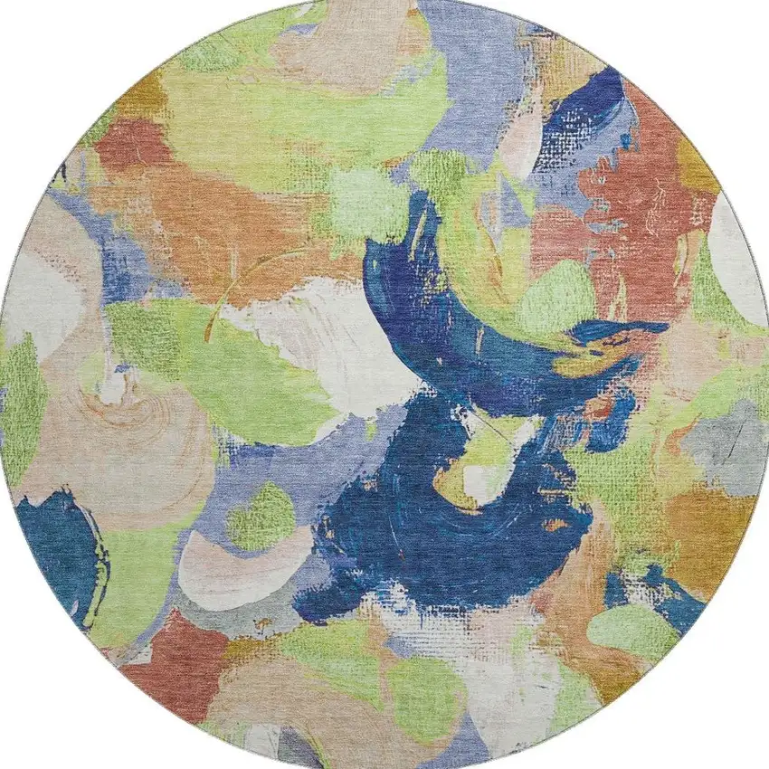 8' Artichoke Green Blue And Ivory Abstract Washable Round Rug With UV Protection Photo 4