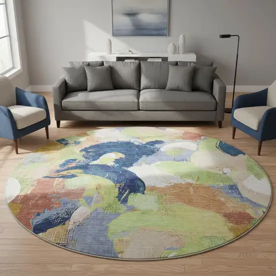 8' Artichoke Green Blue And Ivory Abstract Washable Round Rug With UV Protection Photo 2