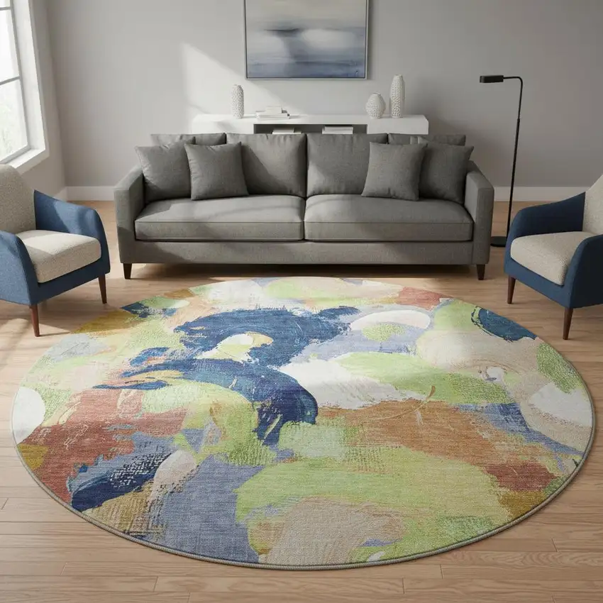 8' Artichoke Green Blue And Ivory Abstract Washable Round Rug With UV Protection Photo 2