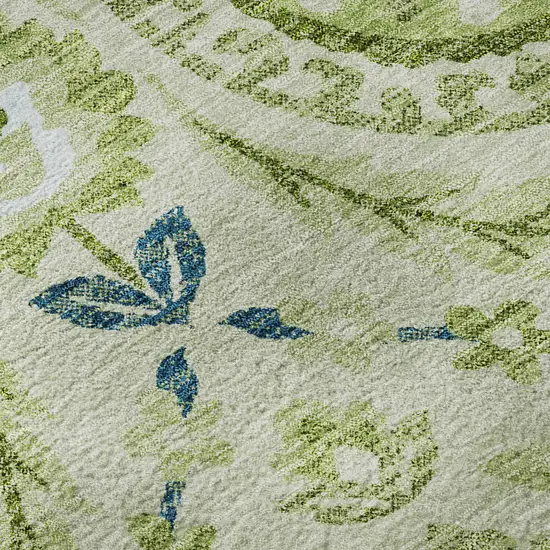 8' Artichoke Green Blue And Ivory Floral Washable Round Rug With UV Protection Photo 9