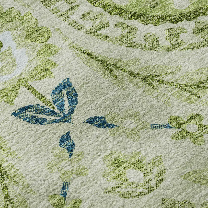 8' Artichoke Green Blue And Ivory Floral Washable Round Rug With UV Protection Photo 9